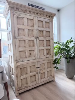 Rustic Handcrafted Solid Wood Bar Cabinet / Armoire – Whitewashed Finish
