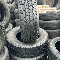 SET OF FOUR USED TIRES ALMOST NEW GOOD YEAR WRANGLER LT AT 275/70/18