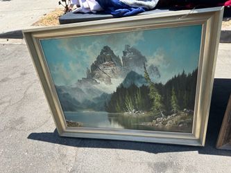 1966 oil painting titled "Drei Zinnen Alpine Mountains" by artist G. Fichtel.