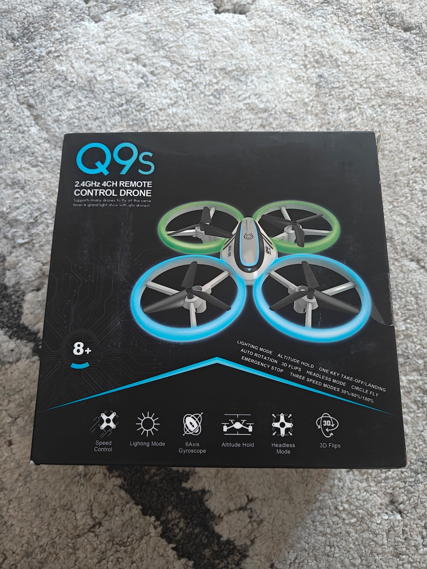 Q9s Drones for Kids,RC Drone with Altitude Hold and Headless Mode,Quadcopter with Blue&Green Light,Propeller Full Protect,2 Batteries and Remote