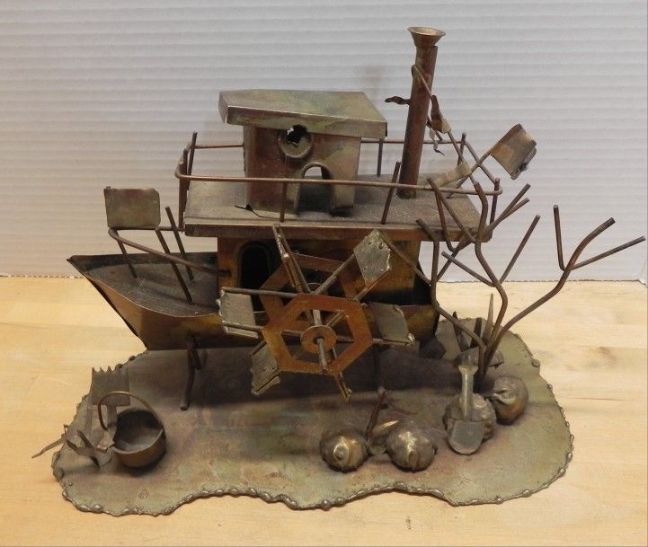 VINTAGE SANKYO WIND-UP MUSICAL RIVERBOAT METAL SCULPTURE - PLAYS MOON RIVER