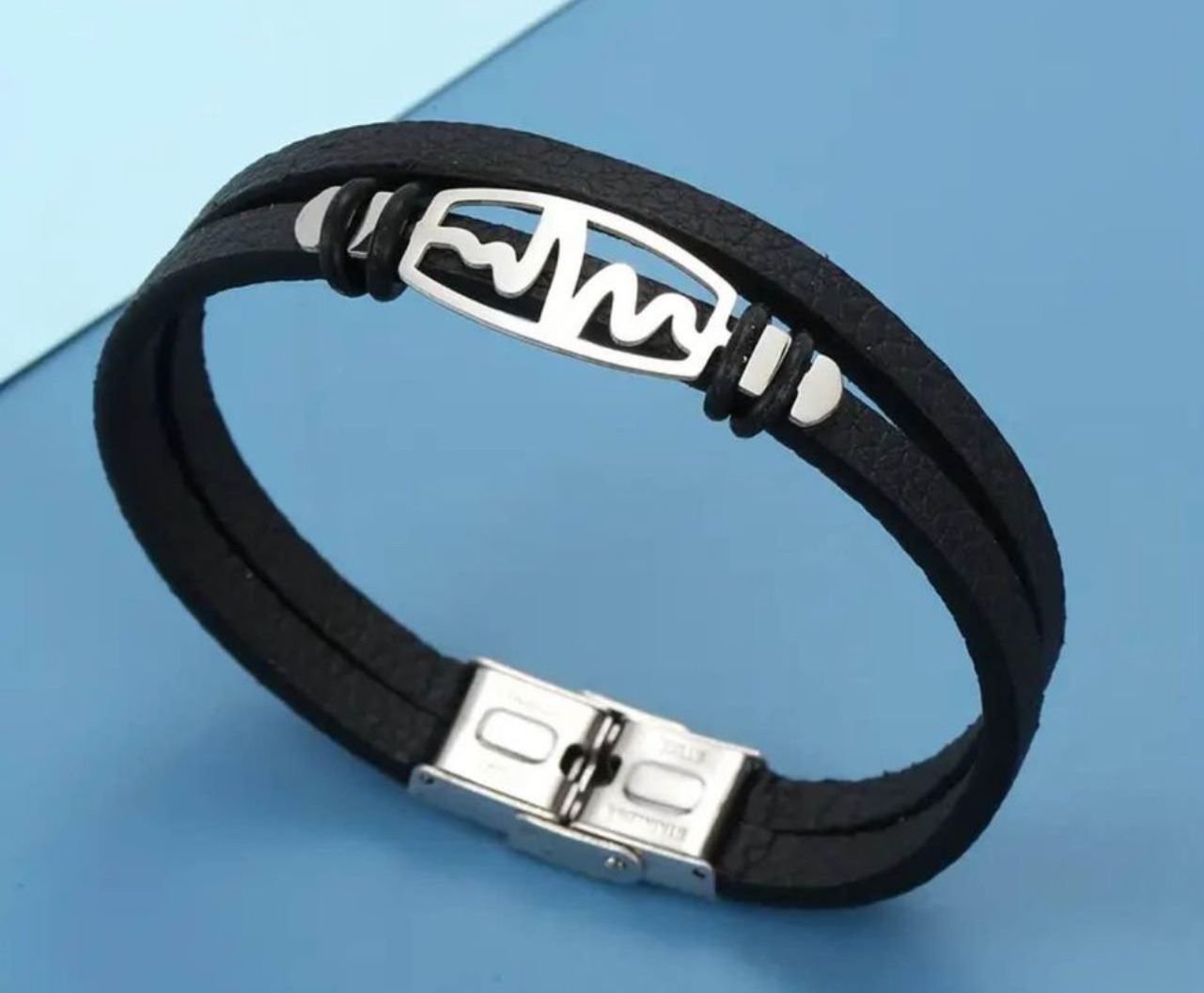 Men's Sleek Hip-Hop Style Bracelet with Stainless Steel Heartbeat Design & Faux Leather Cuff -