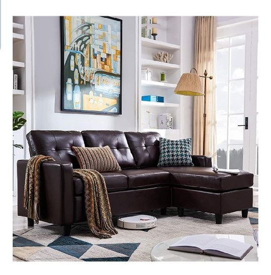 Convertible Sectional Sofa Couch Leather L-Shape Couch with Modern Faux Leather Sectional for Small Space Apartment Brown
