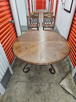 Round Wood Dining Table with Wrought Iron Base