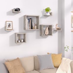 Wall Mounted Floating Shelves Set of 7 – 3 Square Shelves & 4 L-Shaped Shelves, Rustic Wall Décor - Grey