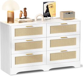 White Rattan Dresser for Bedroom, 6 Drawer Dresser with Golden Handles, Wood Storage Chest of Drawers for Closet, Living Room, Hallway and Entryway - 