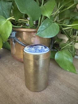 Vintage Asian Tea Tobacco Brass Container Jar W/ Ceramic Lid Animal Prawn Nature Collectible 