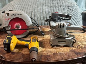 Lot of 4 Vintage Power Tools – Skilsaw 7-1/4” Circular Saw, Shopmate Sabre Saw, DeWalt 18V Drill + Battery, Orbital Sander