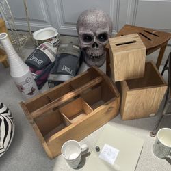 $10 each sale. Stools, leaf blowers, vase, mugs, teak, Starbucks, love mugs, tool holder, weights