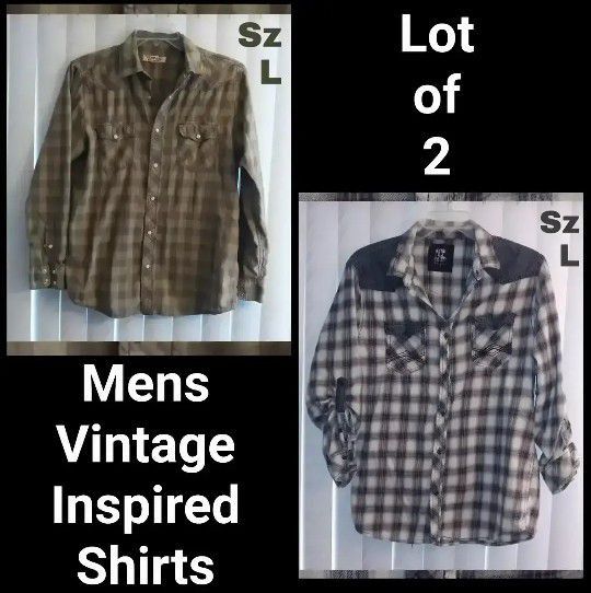 LOT OF 2 MENS VINTAGE INSPIRED PLAID SHIRTS SIZE L 