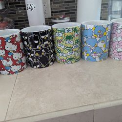 Six Sanrio Mugs (Hello Kitty, Keroppi, Bad Batz Maru. Tuxedo Sam and My Melody