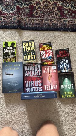 Lot of 9 books- preowned - David Sears, James Patterson, Tom Clancy, Brad Thor, Frieda McFadden Bobby Akart, Janet Evanovich and David Baldacci- Thril