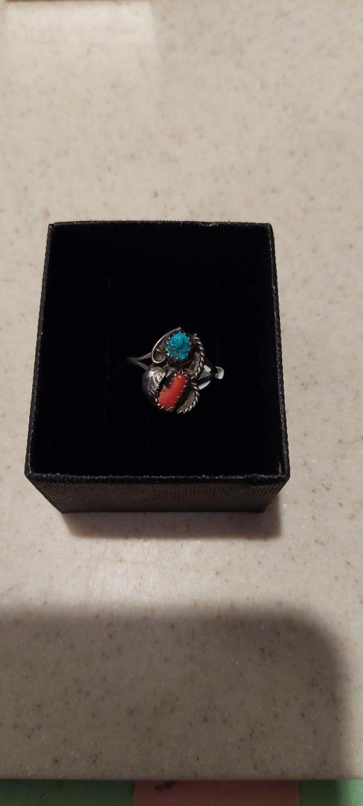 Turquoise & Coral Sterling Silver Ring 