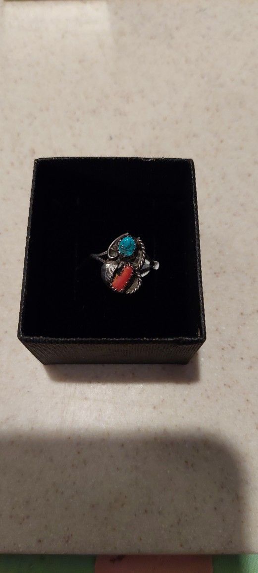 Turquoise & Coral Sterling Silver Ring