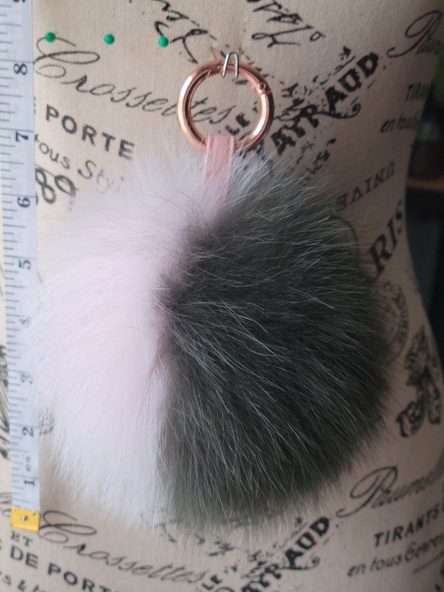 8" Long Hunter Green & Light Pink Fur 6" Pom Pom Keychain + 2 Fur Freebies