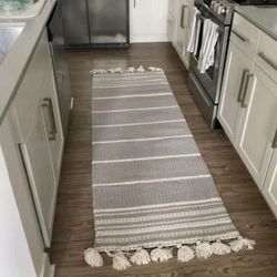 🐺 R60#12 $90 5×7 pick stitch texture Stripe  with Tassel  Rug jet  gray - Hearth & Hand  with Magnolia