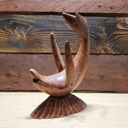 Wood Dolphin Statue Hand Carved from Exotic Balinese Hardwood 12” Tall