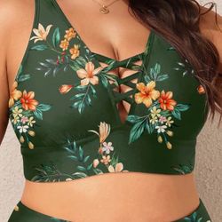 Green Floral Hanna Nikole Bikini Set Plus Size Front Strappy Two Piece Bathing Suits High Waist Tummy Control Swimsuit