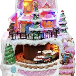 MOMENTS IN TIME 9”H LED Musical Gingerbread Train Station Animated Train Christmas Village Light Up Polyresin Holiday Decoration Battery or Adapter Op
