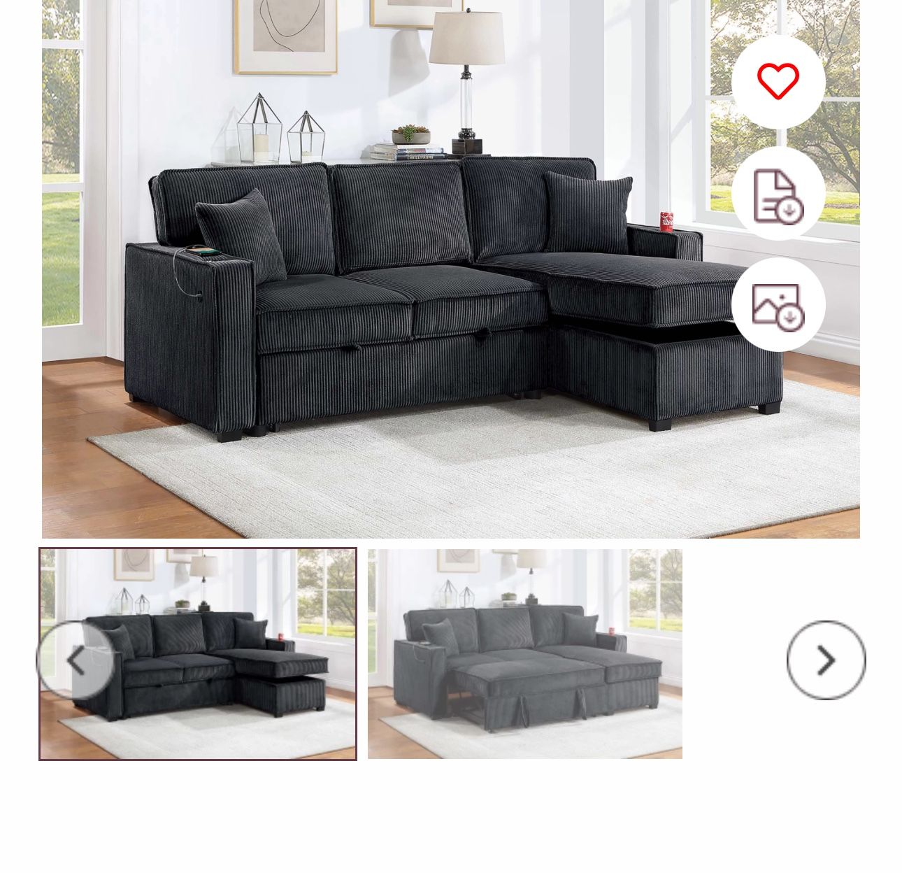 $369 Sectional Couch Pull Out Bed With Storage Plus USB Cup Holder