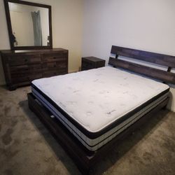 Queen Bed Frame With Mattress Dresser Mirror Nightstand For Sale.
