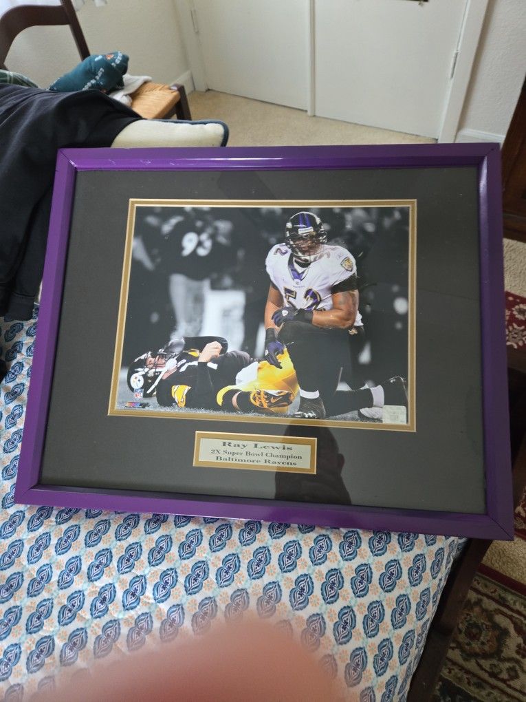 Beautiful Ray Lewis Framed Picture Sacking Steelers Quarterback