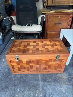 vintage wood parquet folk art chest features  solid teak chest :16 x 32 x 16 1/2
