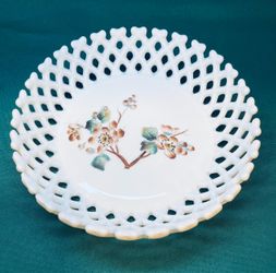 Antique Challinor Taylor milk glass bowl with dogwood floral decoration and reticulated edge