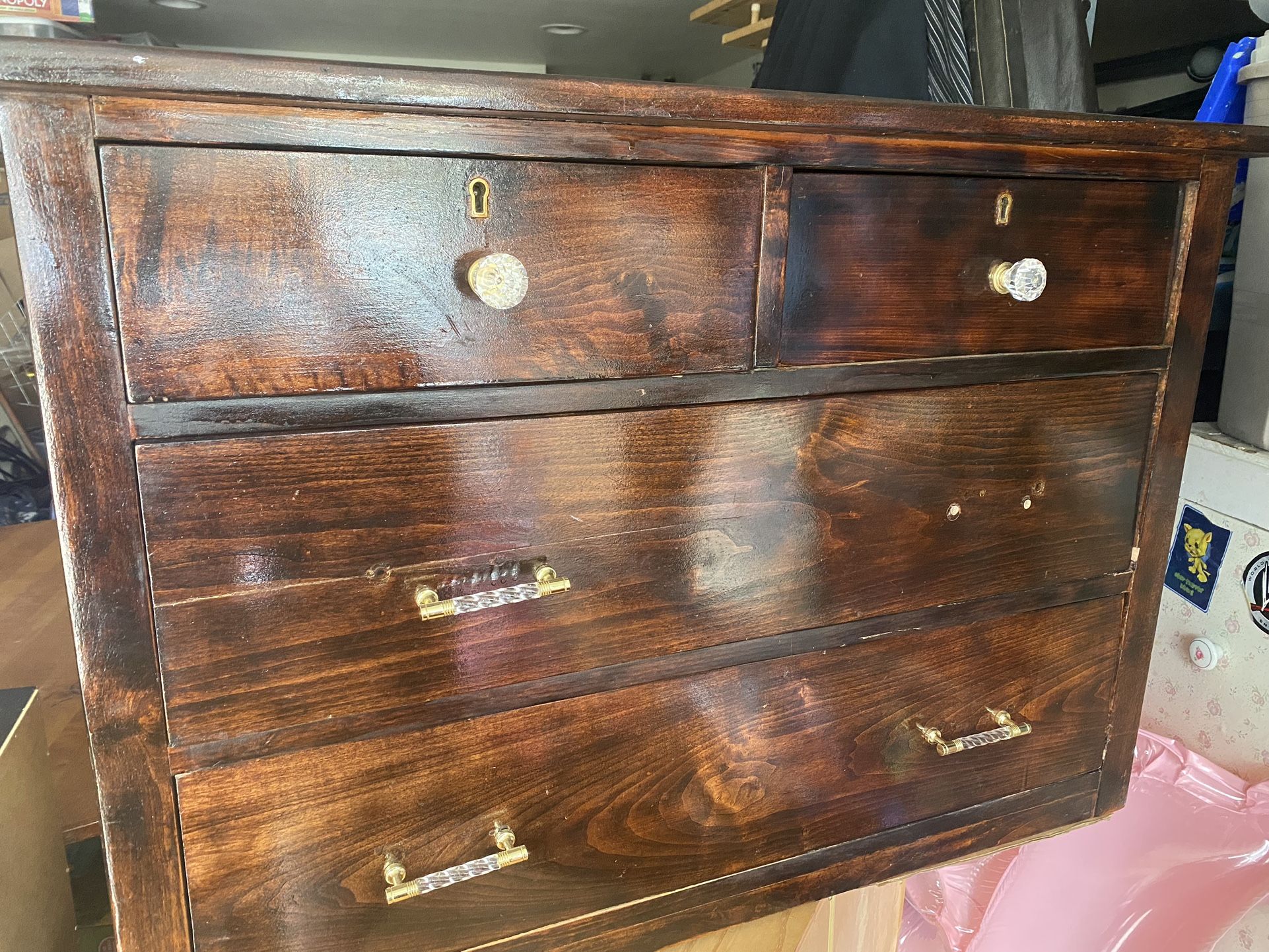 Stained Wood Four Drawer Dresser ; Crystal Knobs