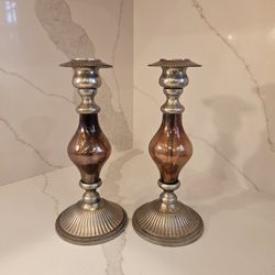 Vintage Purple Iridescent Glass Silver Toned Candlesticks