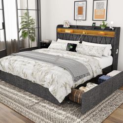 King Size Bed Frame with LED and Charging