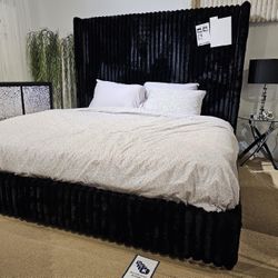 Black Queen Bed - Soft Fur Like Corduroy Fabric