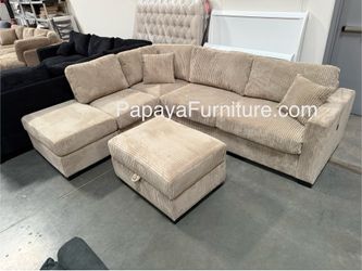 105”L Reversible chaise couch. New! Camel Plush Sectional And Storage Ottoman, Sectional Couch, Sofa, Reversible Sectional, Couch, Brown Sectional, Re