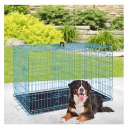 BestPet Large Dog Crate Metal Wire Double-Door Folding Pet Animal Pet Cage with Plastic Tray and Handle,42inches Blue