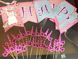 Unicorn happy birthday banner cupcake toppers