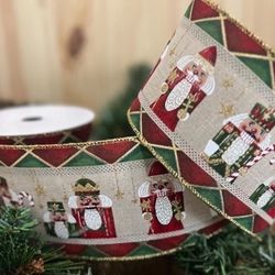 Red and Gold Glitter Nutcrackers Printed Christmas Ribbon Holiday Craft Supplies
