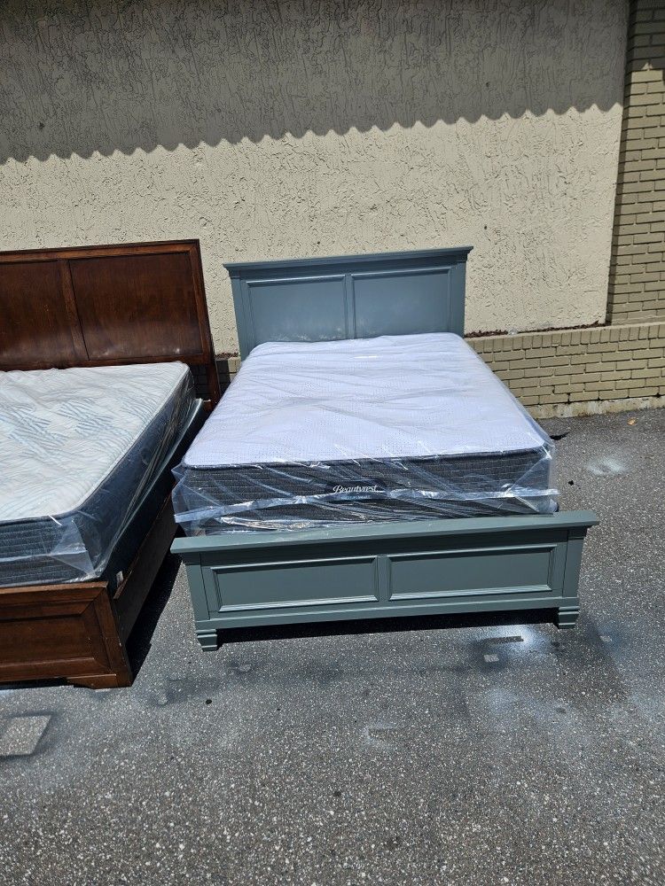 Full Size Solid Wood Bed Frame With Brand New Full Size Plush Memory Foam Casper Mattress And Box Spring In Plastic 