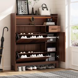 43" Shoe Cabinet Storage with Power Outlet & LED Light Walnut 43" Shoe Cabinet Storage with Power Outlet & LED Light, Shoe Storage with Drawer and Clo