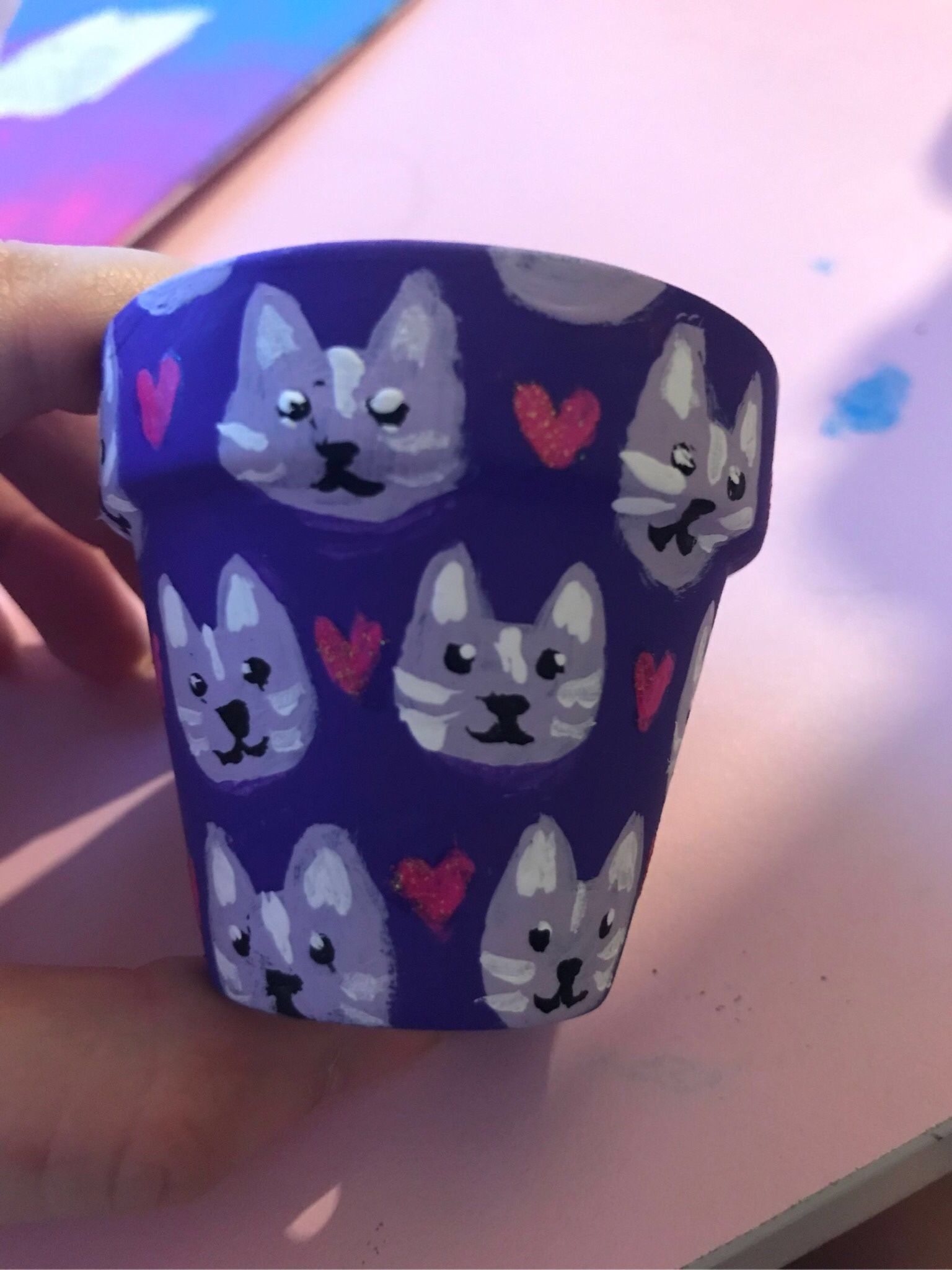 Hand painted Small Flower Pot Cat Heart Patterned