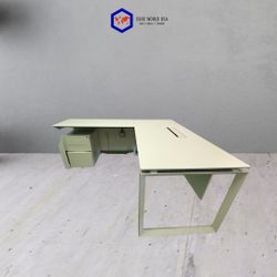 6x6 White powered L-shape office desk with O-Leg