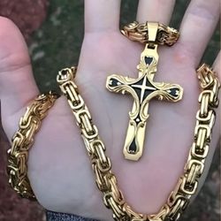 3-Pcs Uniquely Crafted Multi-Layer 2-Tone Titanium Cross Pendant With 24"Byzantine Chain Necklace & Bracelet Set 