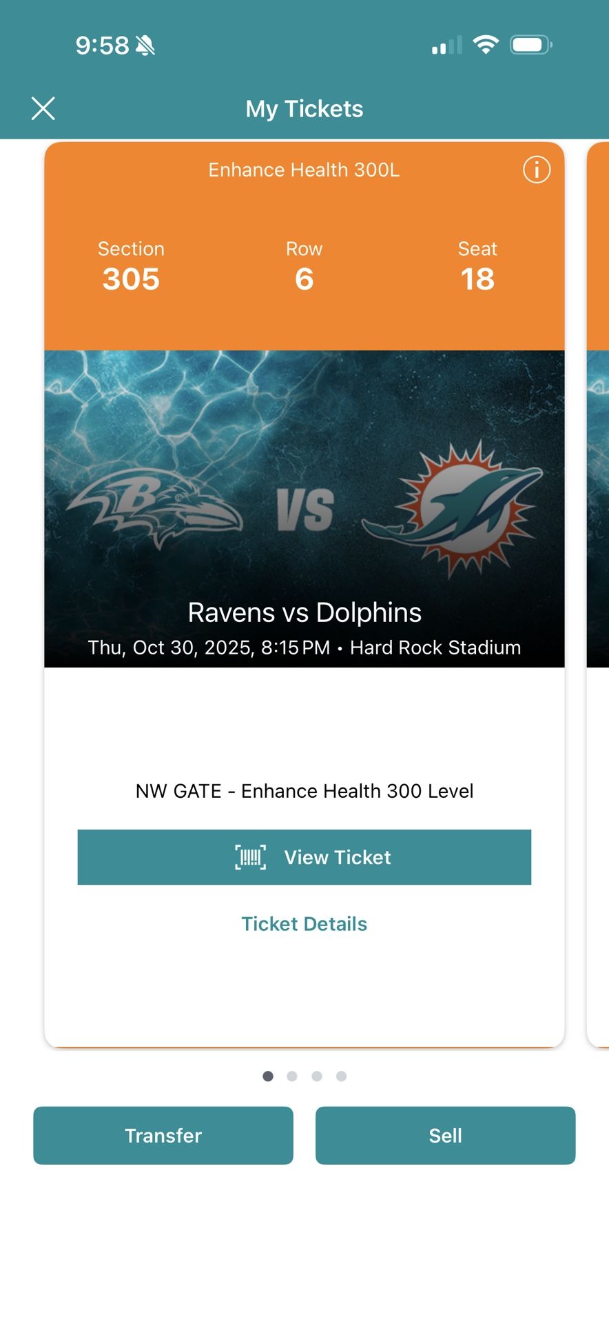 Dolphins Vs Ravens 10/30/25 4 Tickets And Yellow Parking Pass