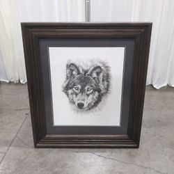 Black and White Wolf Head Drawing in Dark Wood Frame