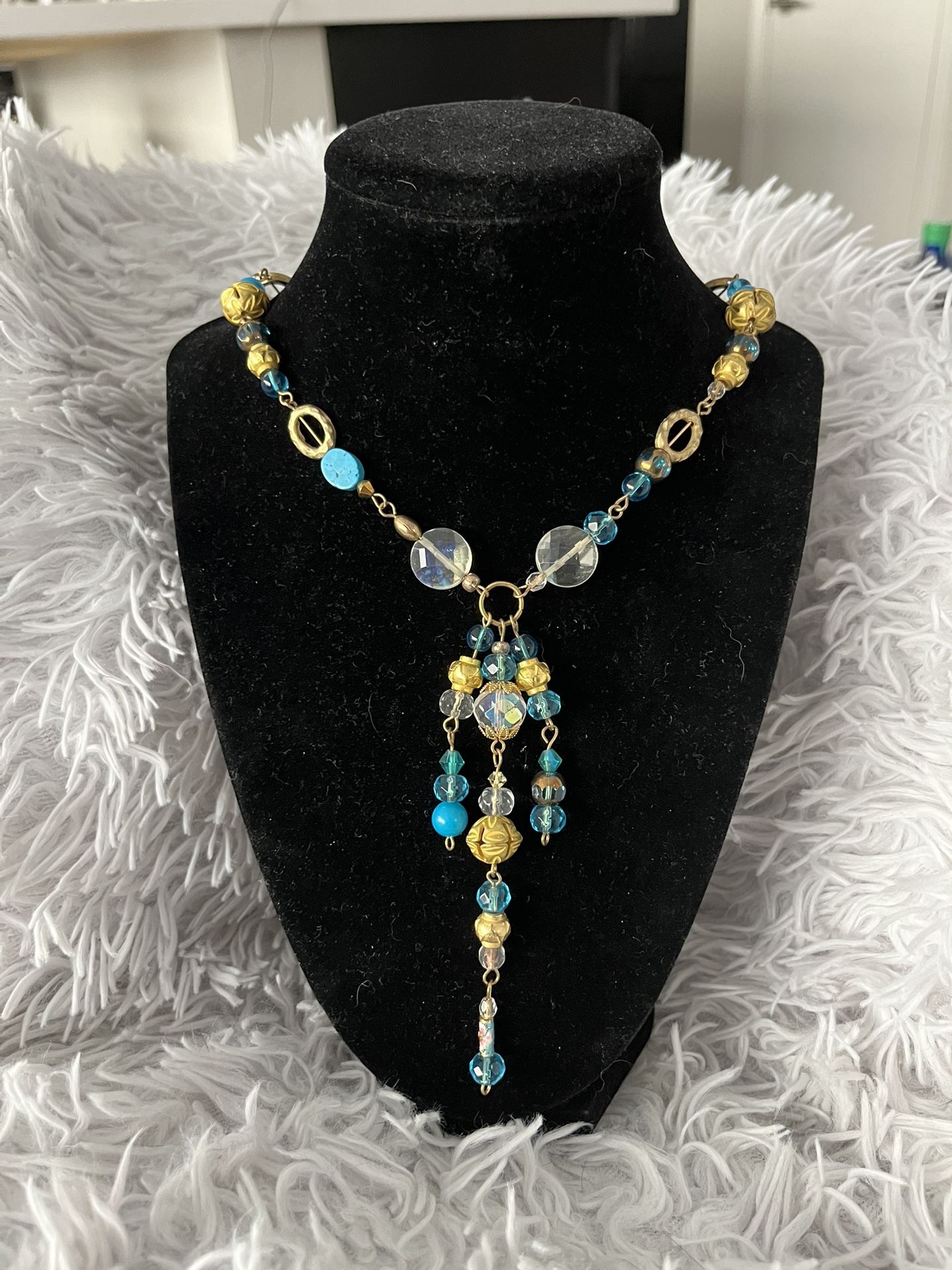 Tassel Drop, Blue Beaded, Charm, Gold Accent Toggle Necklace