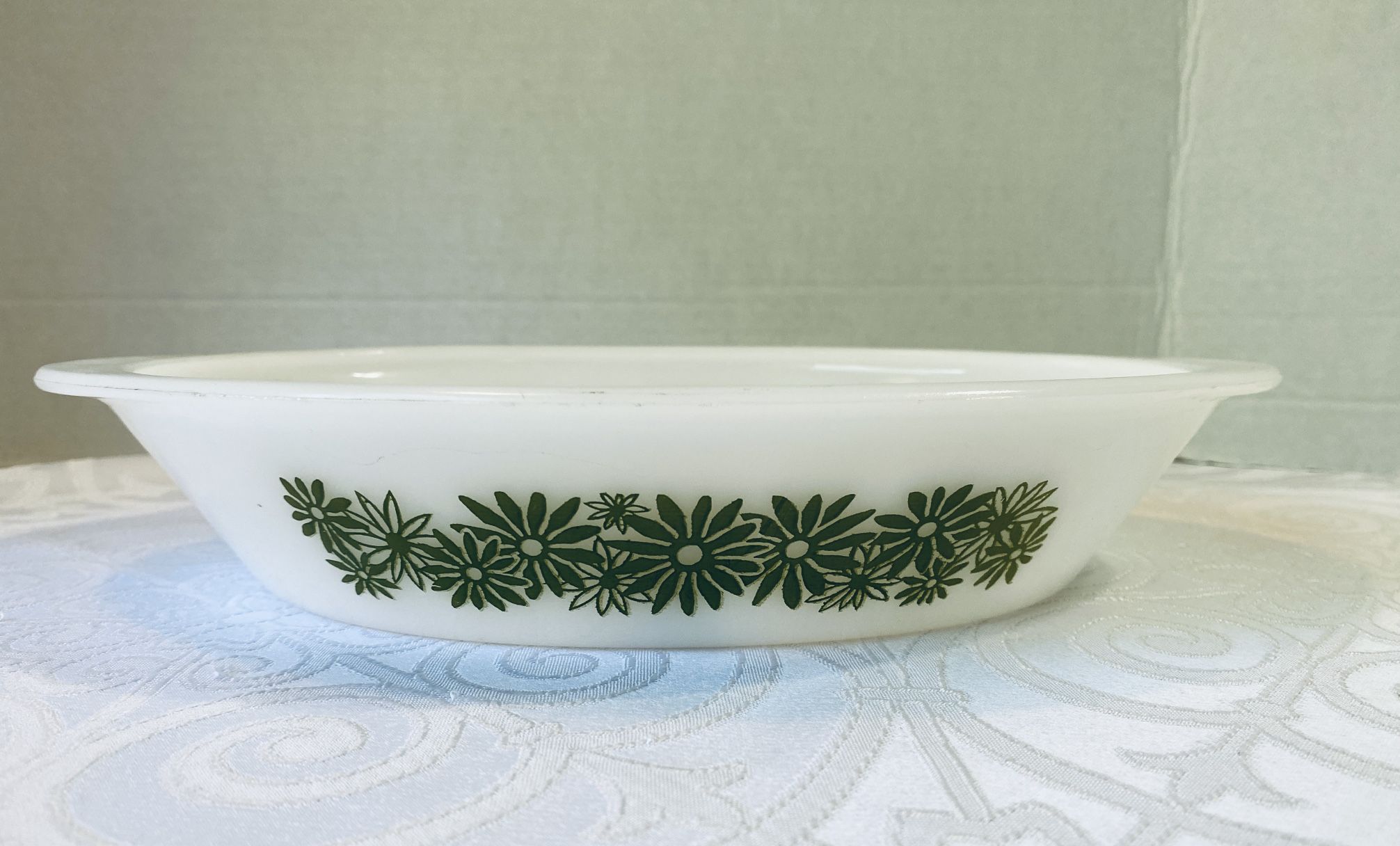 VNTG Glasbake Ovenware 1qt Oval Divided Dish Green Floral 12" x 8.5" x 2.25" EUC