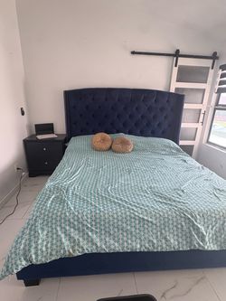 California King Navy Blue Tufted Upholstered Bed Frame including 6 drawer dresser, night stand with 2 drawers and mattress