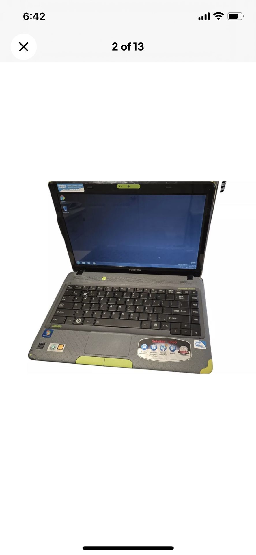 Toshiba satellite L635-s3030 Laptop 2GB Ram 200GB HDD soft keyboard wipeable