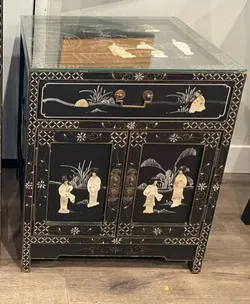 VINTAGE CHINESE CHINOISERIE BLACK LACQUER CABINET JADE INLAY