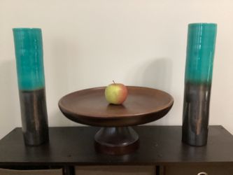 Wooden Pedestal Bowl and Crate & Barrel Pair of Teal Ceramic Vases