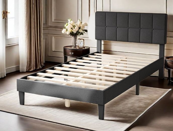 NEW! Twin Bed Frame w/ Adjustable Upholstered Headboard in Dark Grey